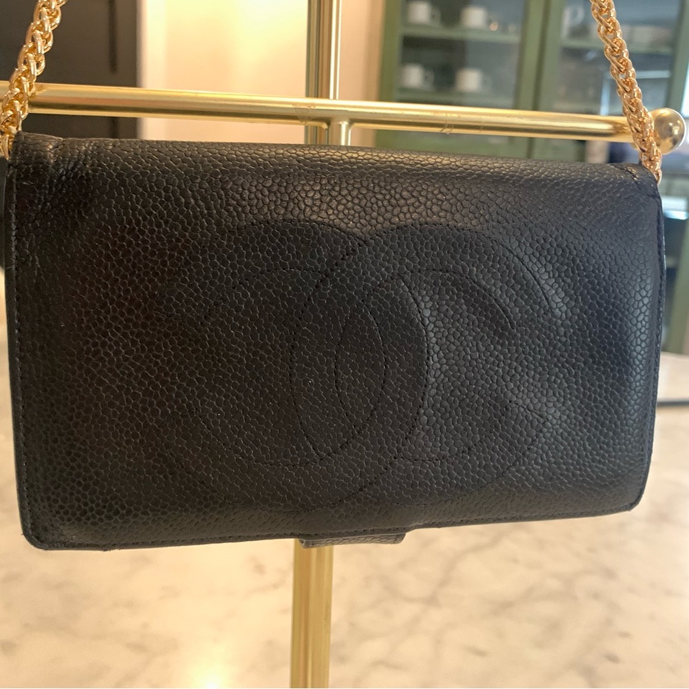 CHANEL Black Caviar Quilted Wallet-on-Chain with Gold Chain Strap